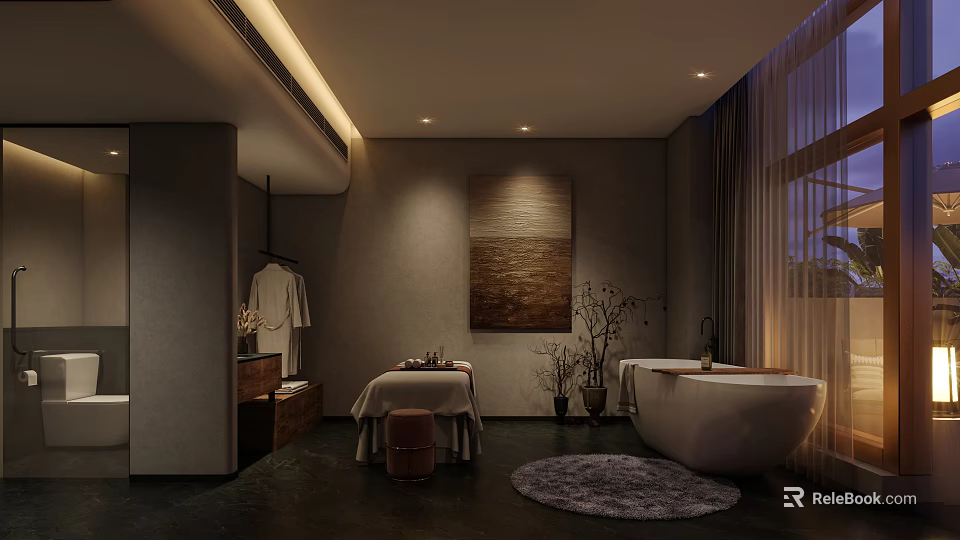 Serene SPA Sauna Interior With Massage Bed Bathtub Decorative Painting And Green Plants 3d model 