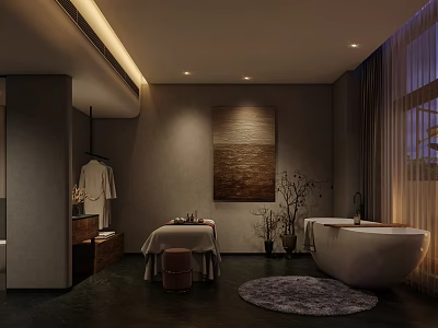 Serene SPA Sauna Interior With Massage Bed Bathtub Decorative Painting And Green Plants 3d model