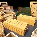 Industrial Equipment Storage With Multiple Wooden Crates In Various Sizes And Different Colors Stacked