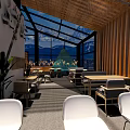 Modern Café Interior With Large Glass Windows Snowy Mountain Views And Art Decorations