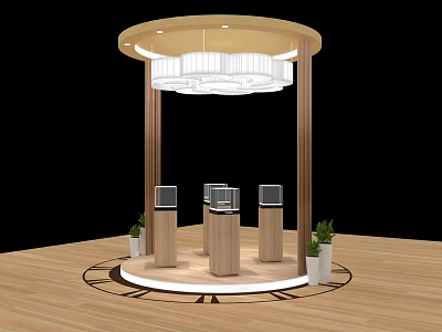 Elegant Circular Display Stand With Wooden Pillars Display Cases And Lighting Fixture 3d model