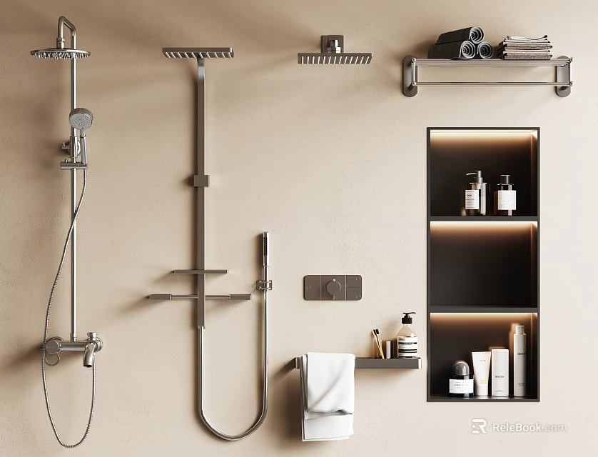 Modern Shower System With Handheld And Overhead Sprayers Bathroom Storage Shelves Towel Racks 3d model 