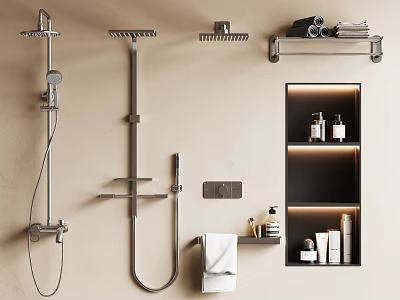 Modern Shower System With Handheld And Overhead Sprayers Bathroom Storage Shelves Towel Racks 3d model