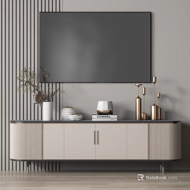Modern TV Stand With Vase Books Candle Holders Drawers And Cabinets 3d model 