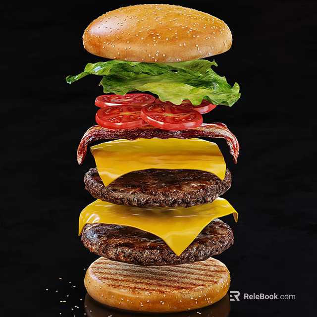Delicious Stacked Hamburger With Sesame Bun Double Beef Patties Cheese Bacon Tomatoes And Lettuce 3d model 