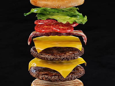 Delicious Stacked Hamburger With Sesame Bun Double Beef Patties Cheese Bacon Tomatoes And Lettuce 3d model