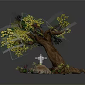 Tree With Yellow Leaves And Brown Trunk And Cross On Stone Surrounded By Small Plants