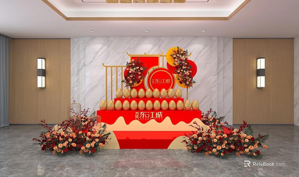 Modern Commercial Event Equipment Display With Red Decorations And Golden Frame 3d model 