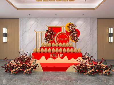 Modern Commercial Event Equipment Display With Red Decorations And Golden Frame 3d model