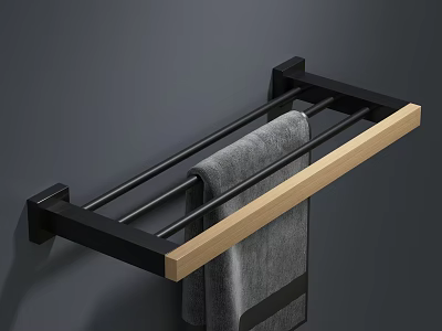 Wall Mounted Black Metal Towel Rack With Wooden Accent And Gray Towel 3d model