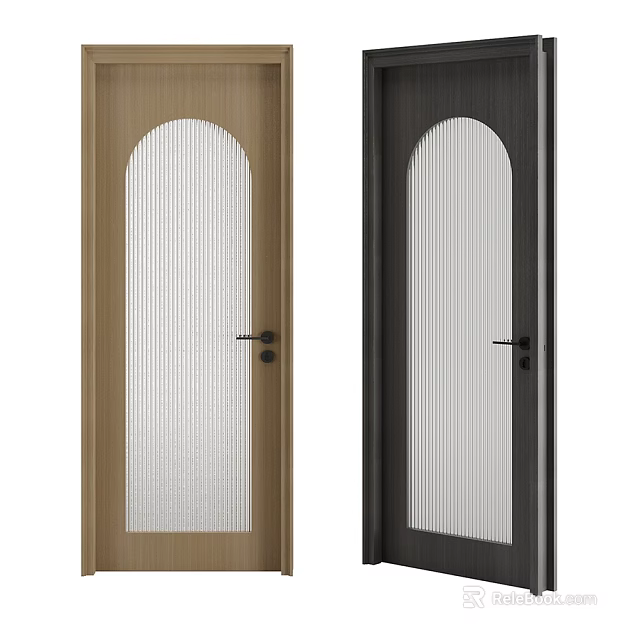 Light Wood and Dark Gray Swing Doors with Arched Vertical Ribbed Glass and Black Handles 3d model 