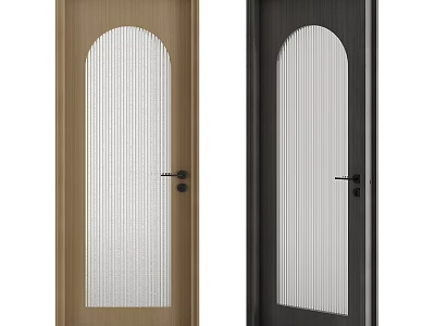 Light Wood and Dark Gray Swing Doors with Arched Vertical Ribbed Glass and Black Handles 3d model