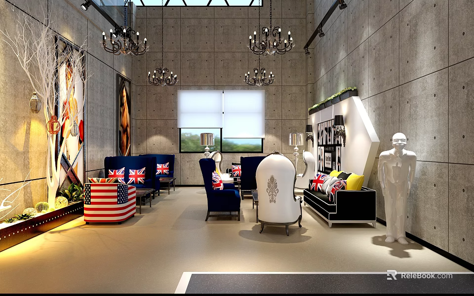 Modern Shop Front Desk Area With Chandeliers Sofa Seating And Decorative Mannequin 3d model 
