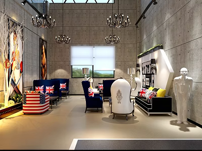 Modern Shop Front Desk Area With Chandeliers Sofa Seating And Decorative Mannequin 3d model