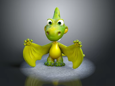 Cute Green 3D Cartoon Dragon Character With Yellow Wings And Big Eyes 3d model