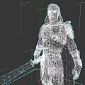 Armored Hooded Game Movie Character With Blue Brown Outfit And Large Sword