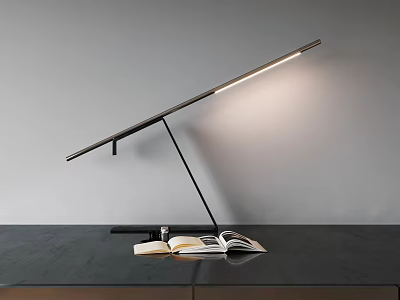 Modern Adjustable Desk Lamp With Sleek Pole And Open Book On Dark Desk 3d model
