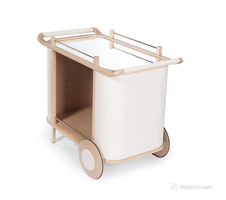 Mobile Side Table With Wooden Frame Transparent Top Beige Storage Bag And Wheels 3d model 