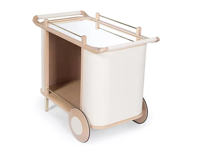 Mobile Side Table With Wooden Frame Transparent Top Beige Storage Bag And Wheels 3d model