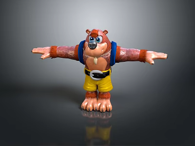 Cartoon Bear With Brown Fur Blue Vest Yellow Shorts Arms Outstretched Standing On Reflective Surface 3d model
