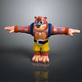 Cartoon Bear With Brown Fur Blue Vest Yellow Shorts Arms Outstretched Standing On Reflective Surface