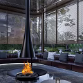 Modern Garden Landscape With Wooden Pavilion Greenery Lawn Water Feature Lounge Chairs And High-Rise Backdrop