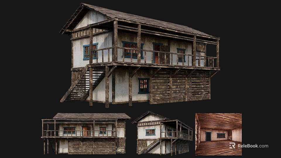 Traditional Ancient Building With Wooden Structure Balcony Stairs And Multi View Details 3d model 