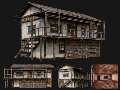 Traditional Ancient Building With Wooden Structure Balcony Stairs And Multi View Details 3d model