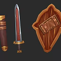 Ornamental Medieval Weapons Set With Golden Red Shield Sword And Brown Scabbard