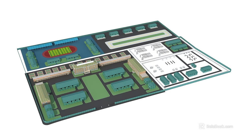 Detailed Site Plan Layout With Buildings Green Spaces And Labeled Areas 3d model 