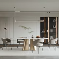 Modern Restaurant Interior With Round Dining Table Gold Base Gray Chairs And Long Pendant Lights