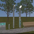 Outdoor Garden Ornaments with Modern Lamp Posts Bench Trash Bins Trees Grass and Paved Path