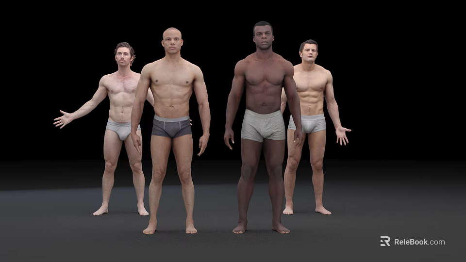 Group of Four Men Standing in Underwear Full Body Front View Black Background 3d model 