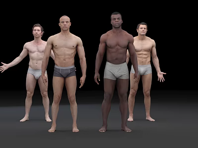 Group of Four Men Standing in Underwear Full Body Front View Black Background 3d model