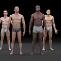 Group of Four Men Standing in Underwear Full Body Front View Black Background