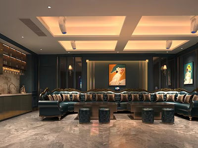 Luxurious KTV Room Interior With Dark Blue Sofas Decorative Paintings And Lighting Design 3d model