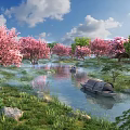 Beautiful Natural Landscape With Cherry Blossom Trees Pink Flowers River Butterfly Green Grass And Rocks
