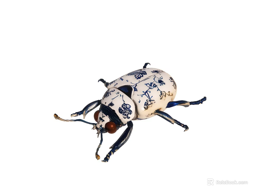 Artistic White Ceramic Beetle With Blue Pattern And Detailed Design 3d model 