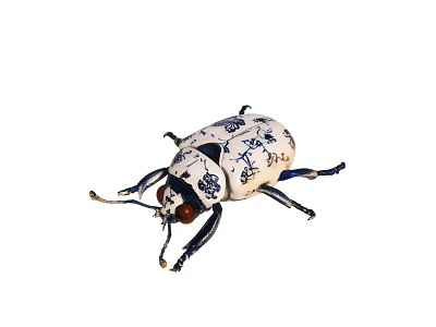 Artistic White Ceramic Beetle With Blue Pattern And Detailed Design 3d model