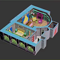 3D Model Interior Room Layout Design With Bed Sofa Wooden Furniture Blue White Circular Area