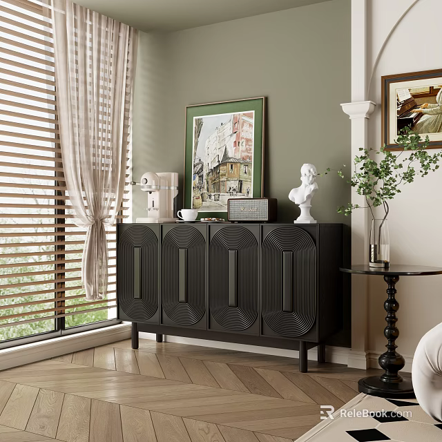 Modern Dark Console Cabinet With Geometric Door And Green Plant Decor In Green Wall Room 3d model 