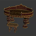 Elegant Semicircular Dark Red Furniture Table With Golden Accents Marble Top And Matching Stool