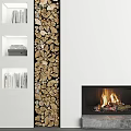Modern Fireplace With Burning Fire Adjacent Wood Stack White Wall Concrete Base And Bookshelf 3d model