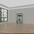 Light Green Storage Shelf with Multiple Shelves Holding Kitchen Appliances Jars and Small Refrigerator