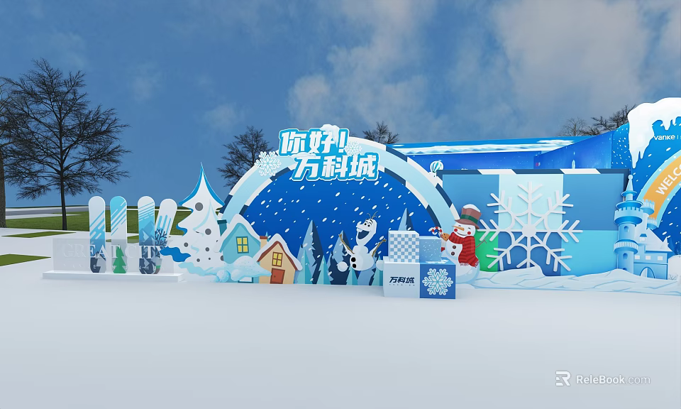 Commercial Equipment For Winter Snow Theme Shopping Mall Decorations With Snowman Snowflakes And Houses 3d model 