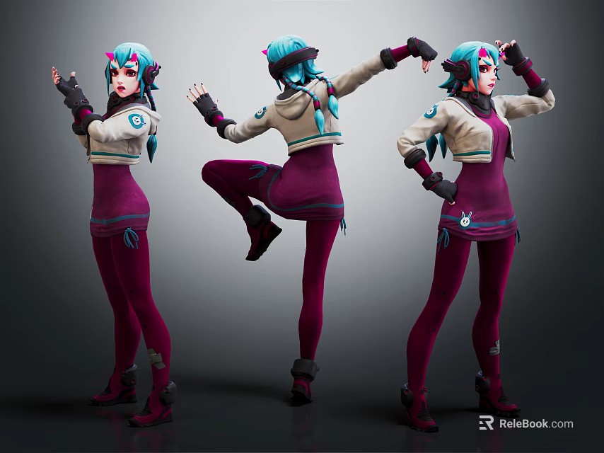 Three Angles Of 3D Character With Blue Green Hair And Purple Outfit In Dynamic Poses 3d model 