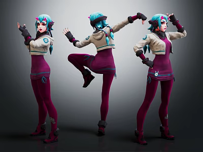 Three Angles Of 3D Character With Blue Green Hair And Purple Outfit In Dynamic Poses 3d model
