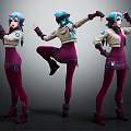 Three Angles Of 3D Character With Blue Green Hair And Purple Outfit In Dynamic Poses