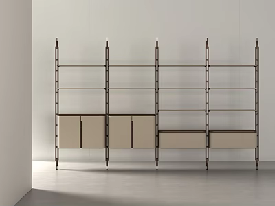 Modern Open Bookcase With Metal Frame Beige Cabinet Doors And Multiple Shelves 3d model