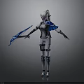 Elf Woman in Futuristic Tech Inspired Outfit Holding Blue Bow with Cape and Armor